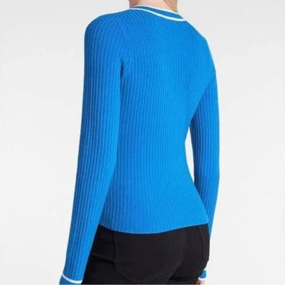 Express soft blue v neck knitted cardigan with white trim, gold buttons Medium - Picture 4 of 4